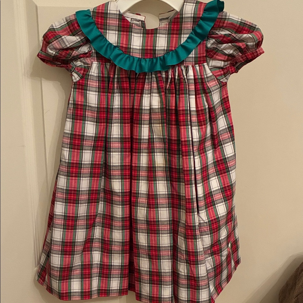 Plaid Christmas  Dress with Green Ribbon Trimmed Collar